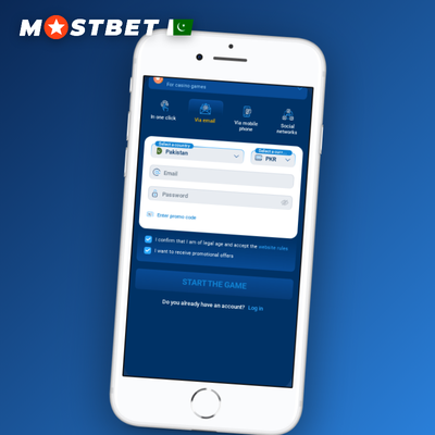 Mostbet one-click sign-up tile with PKR currency chip and green register button
